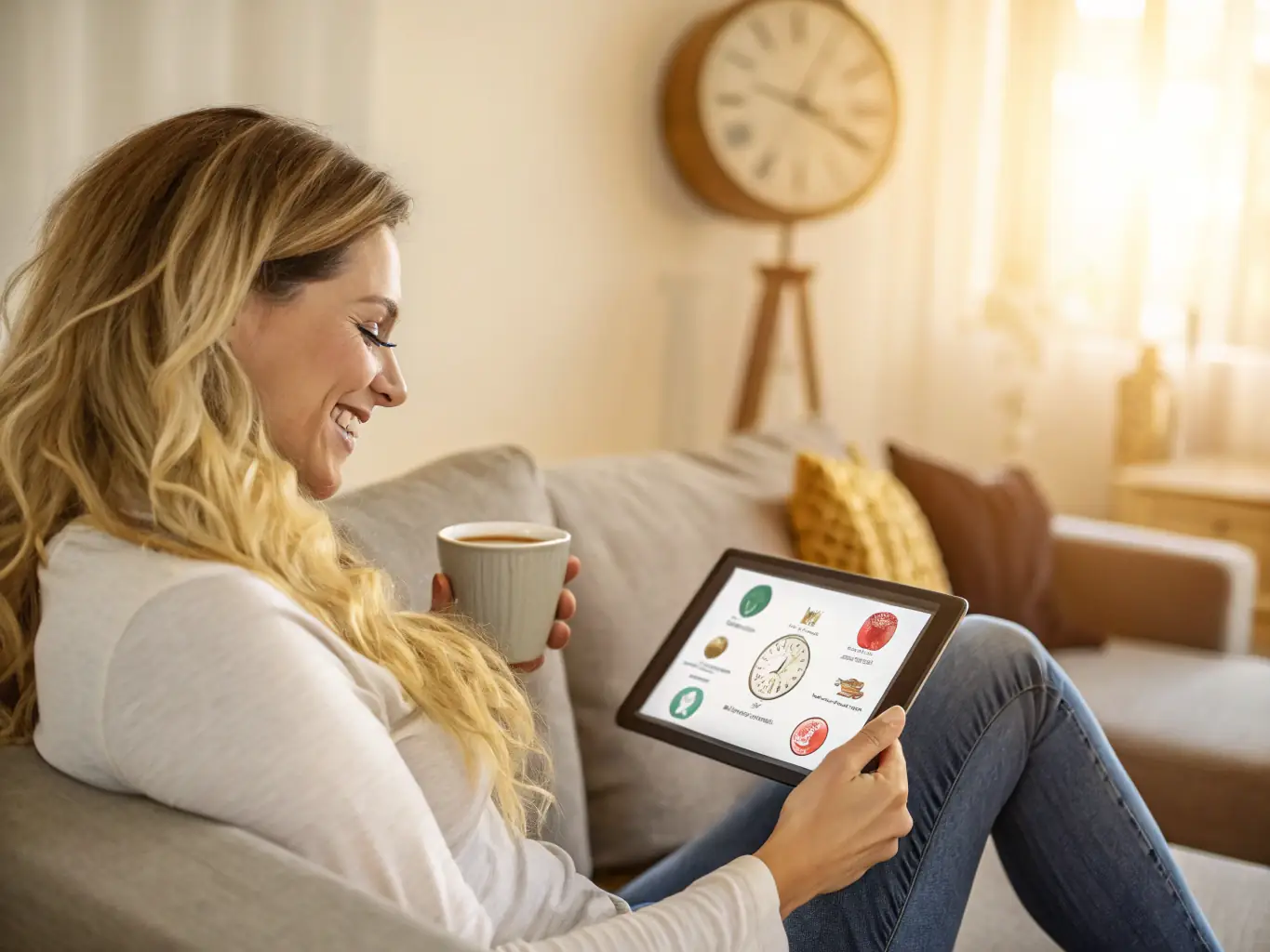 An illustration depicting a teacher relaxing and enjoying free time, symbolizing the time-saving benefits of using Estalo, with educational icons and a clock in the background.
