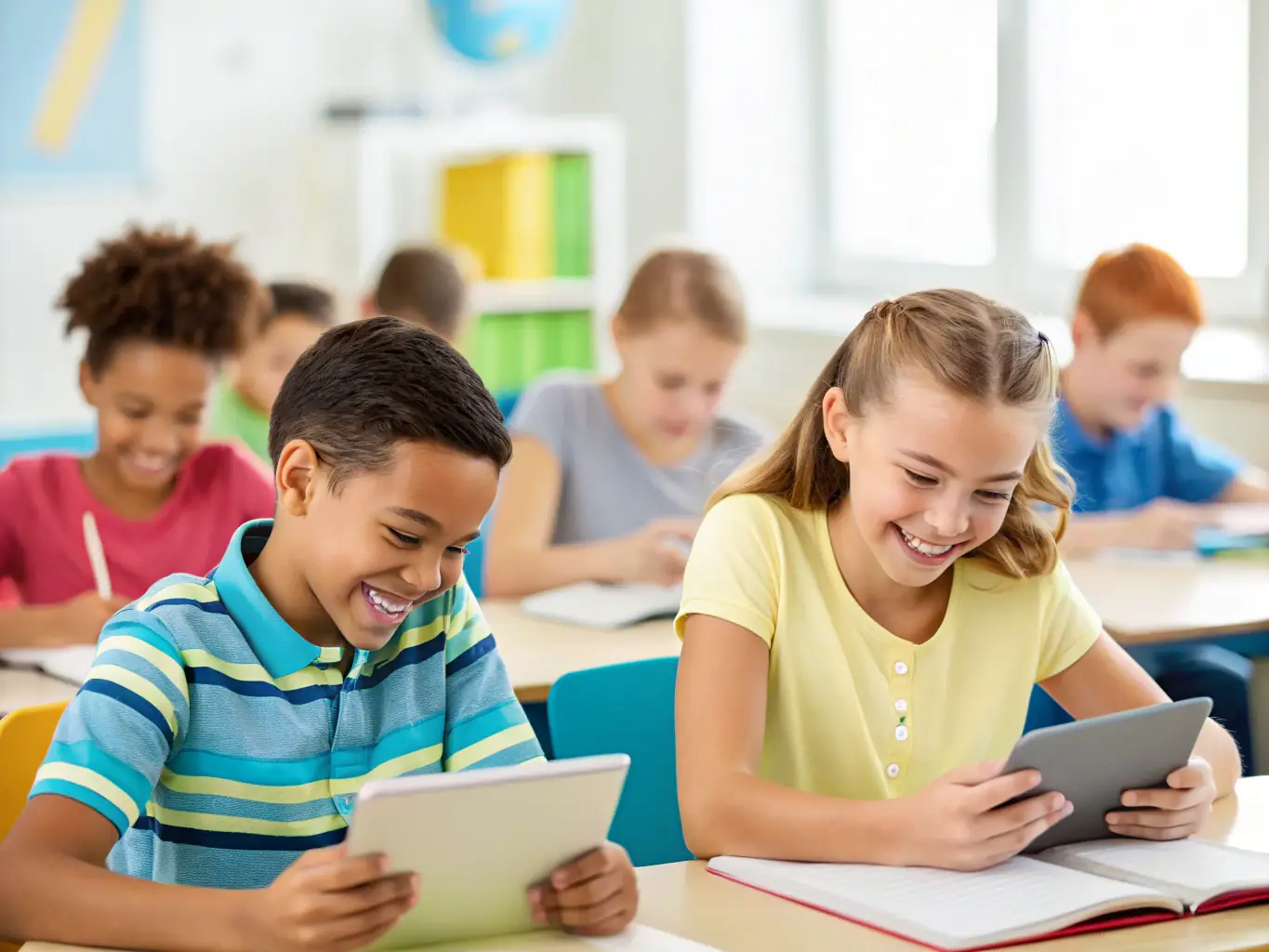 A diverse group of students engaged in a classroom activity, with the teacher using Estalo to monitor their progress.