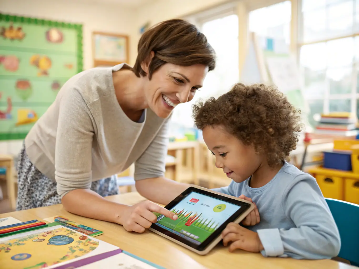 A teacher smiling and confidently using Estalo on a tablet, showcasing the ease of creating lesson plans.